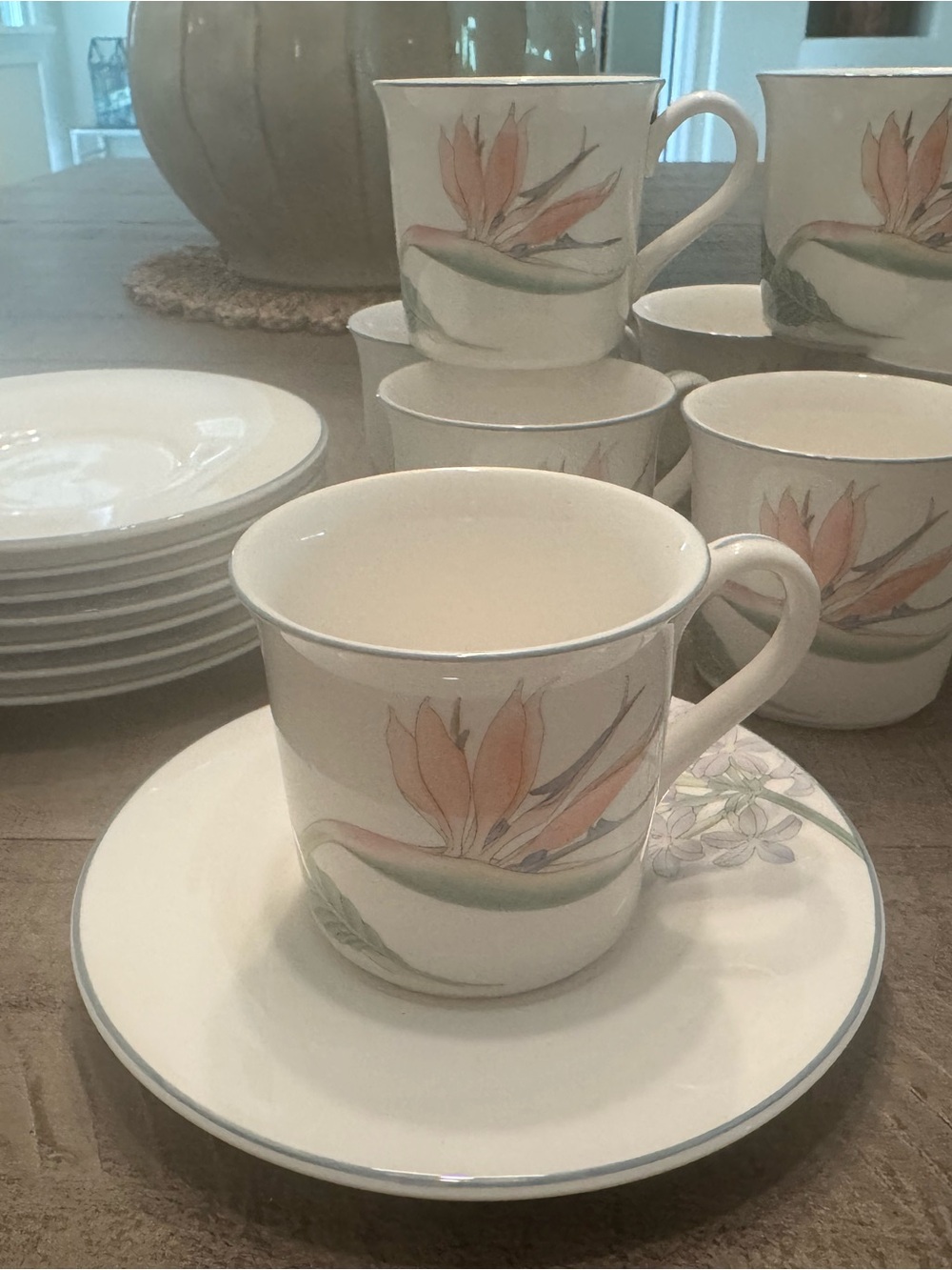 Noritake White Porcelain Cups & Saucers (8) with Bird of Paradise motif.